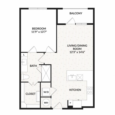 Floor plan for 1 bed, 1 bath, 719 sqft